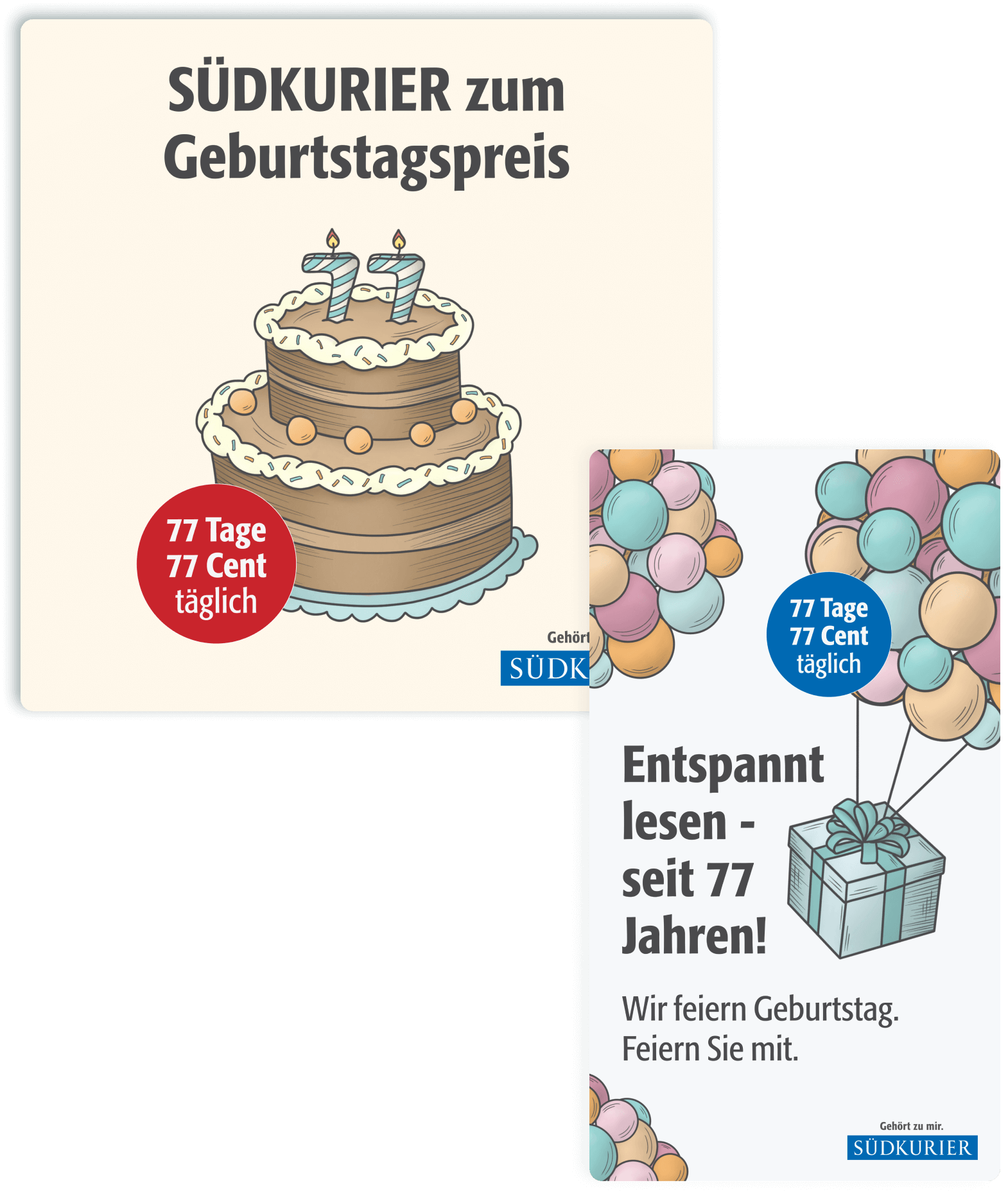 Custom illustration ad design in square and story format for S&Uuml;DKURIERs 77th Birthday campaign, highlighting vibrant birthday themes and promotional messaging.